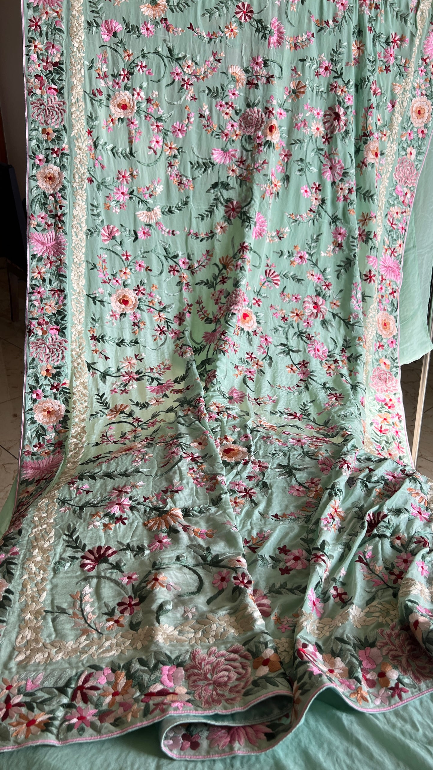 Mint Green Masterpiece Parsi Gara Pure Crepe Saree