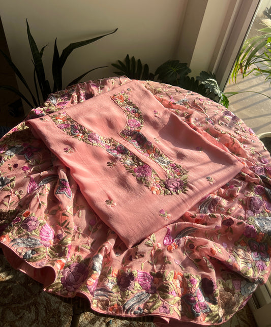 Coral Pink Hand Embroidered Parsi Gara full suit