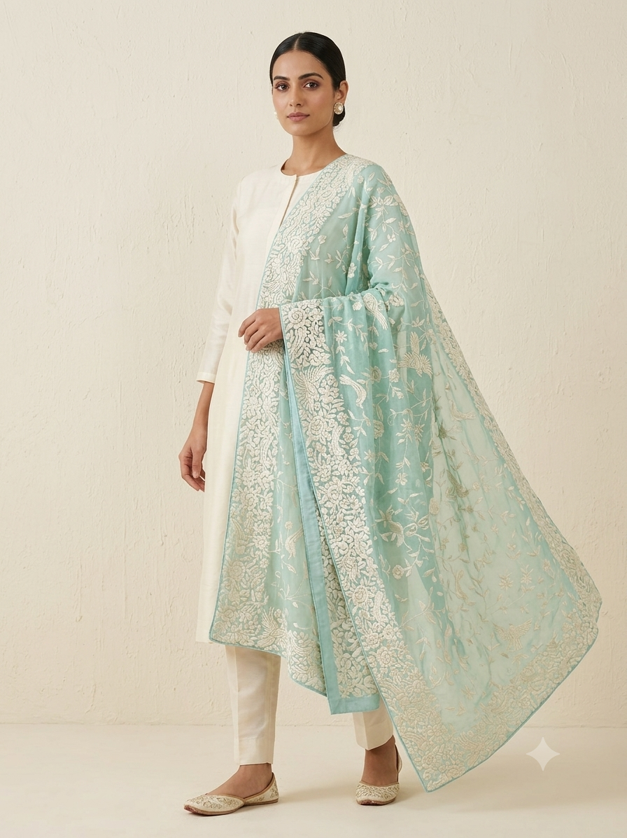 Firozi Masterpiece Parsi Gara Hand Embroidered Dupatta