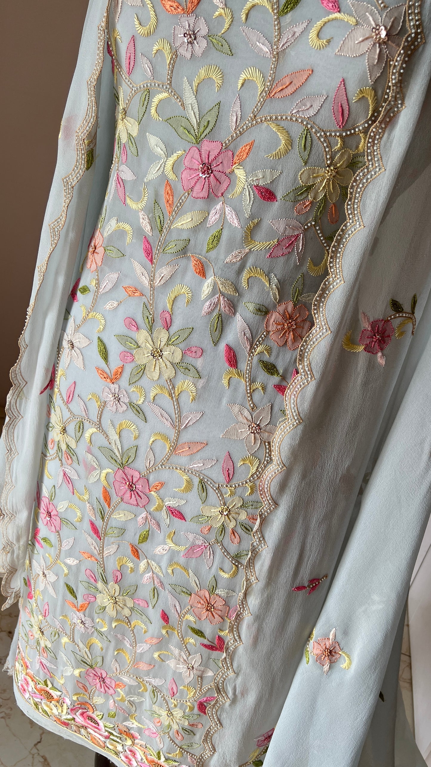 Ice Mint Resham Chikankari Parsi Gara and pearl work suit