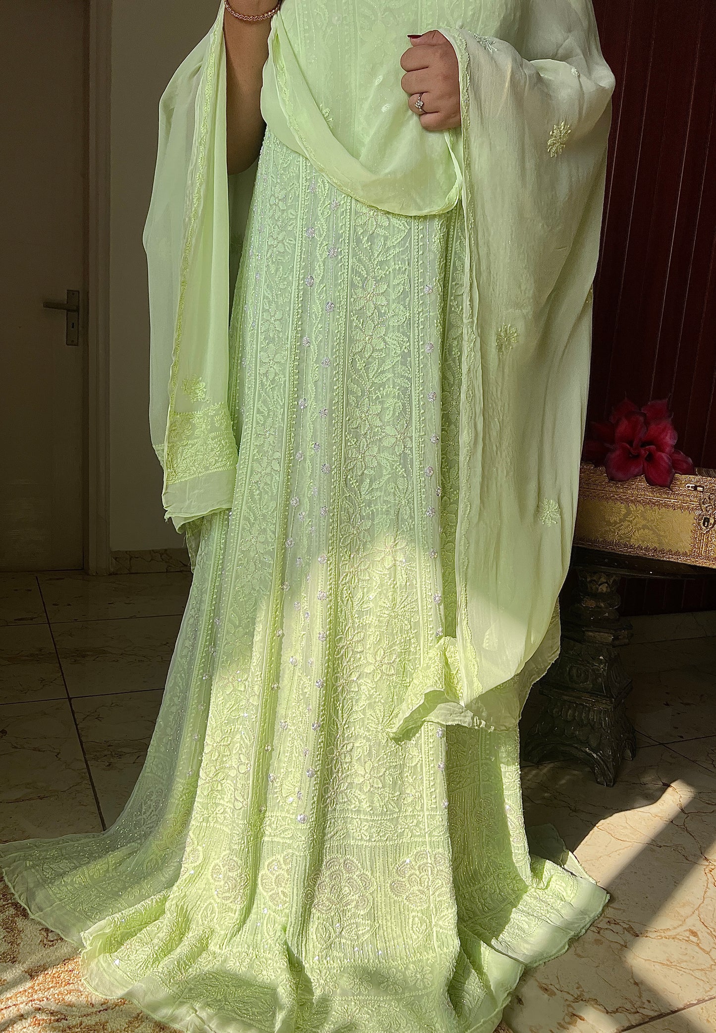 Pistachio Green Chikankari Sequins and Cut Dana Anarkali