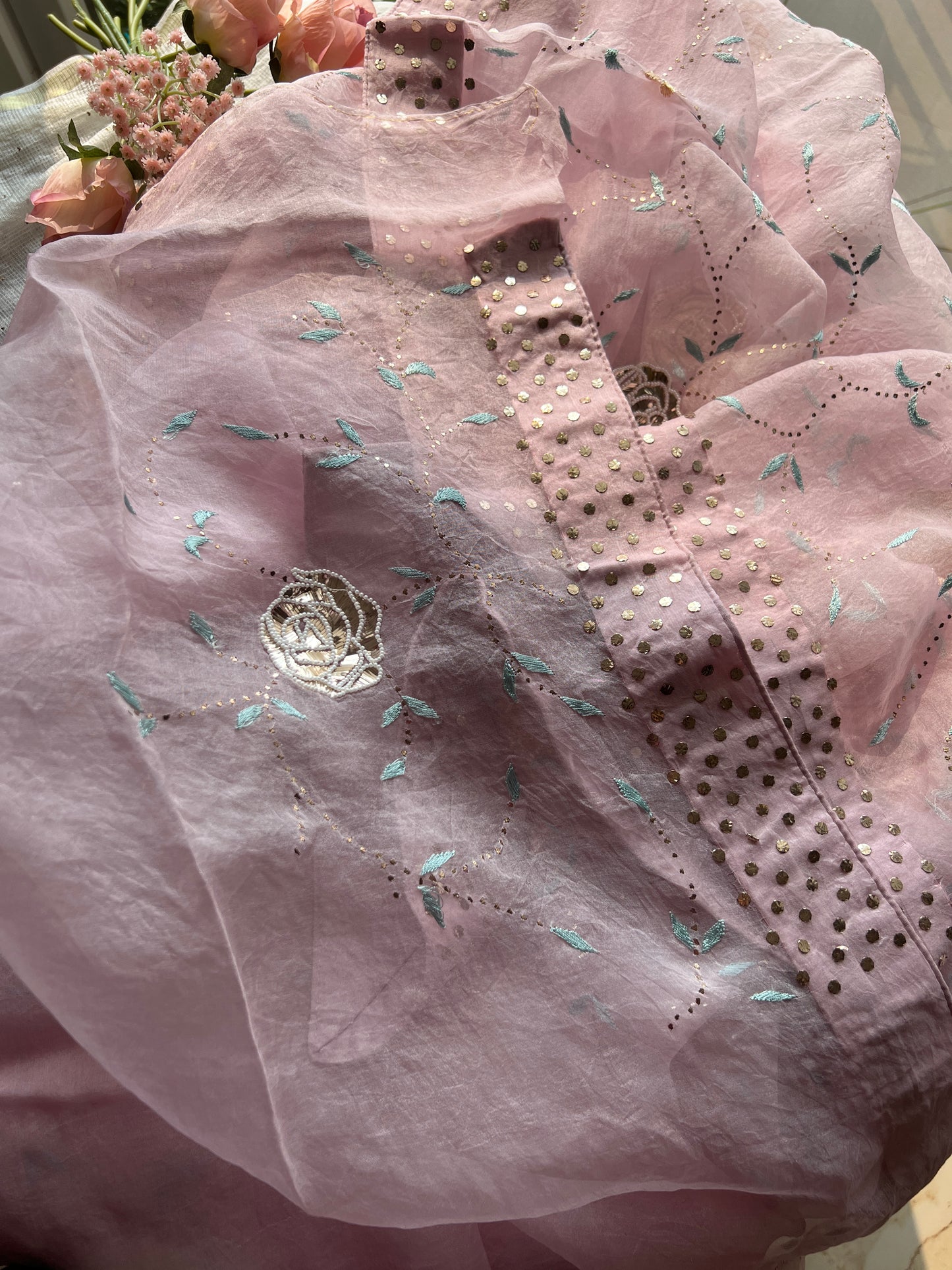 Ruhani Lilac Pure Organza Saree with Resham, pearl and Mukaish Work