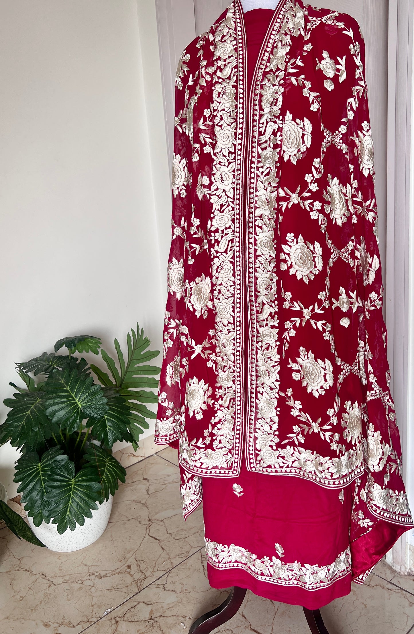 Ruby Red Masterpiece Hand Embroidered Parsi Gara full Suit