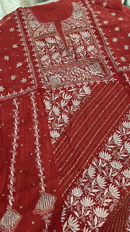 Rust Mul Chanderi Anarkali with chikankari and cut Dana sequins