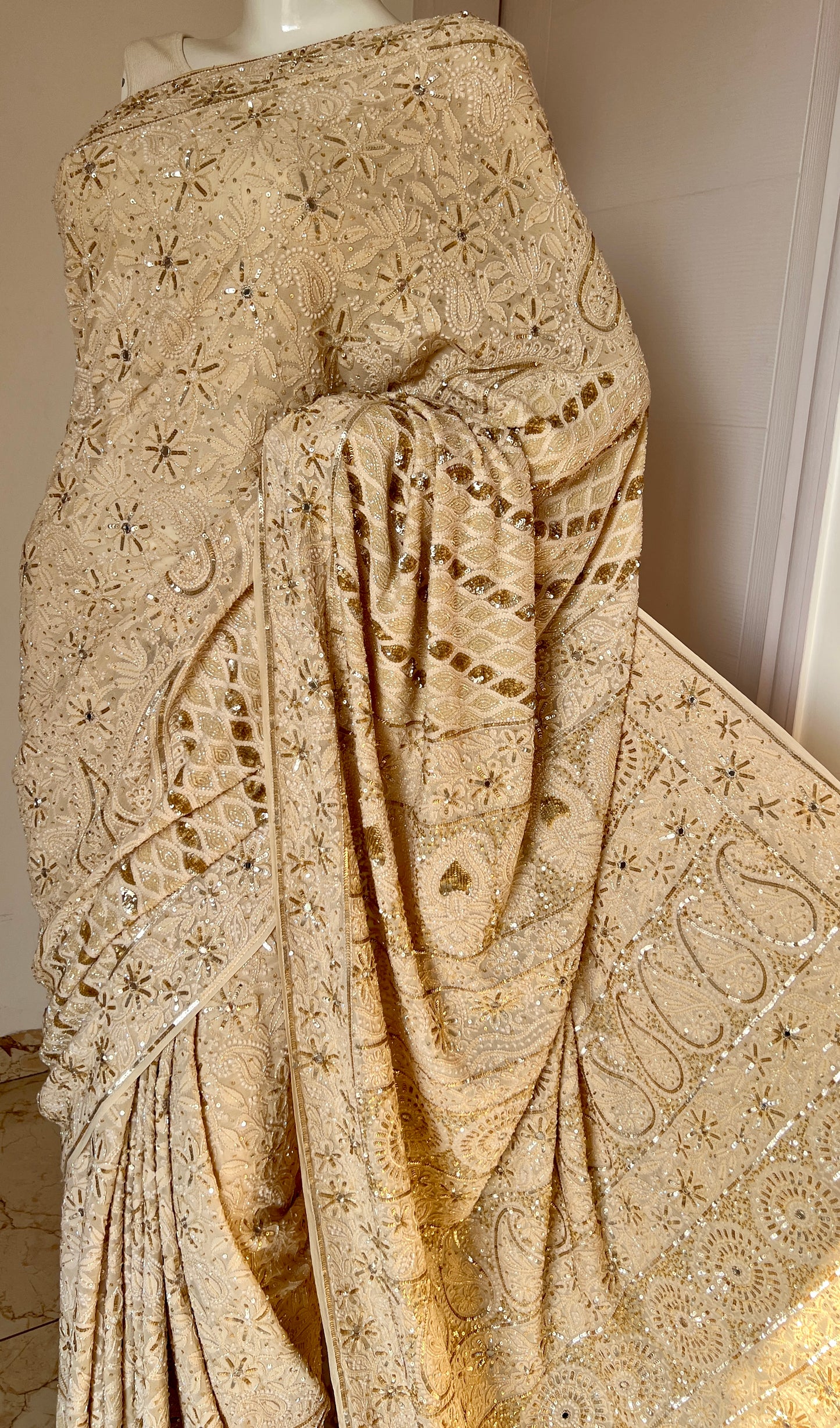 Ruhani Golden Beige Chikankari Sequins Cut Dana Embroidered Masterpiece Saree