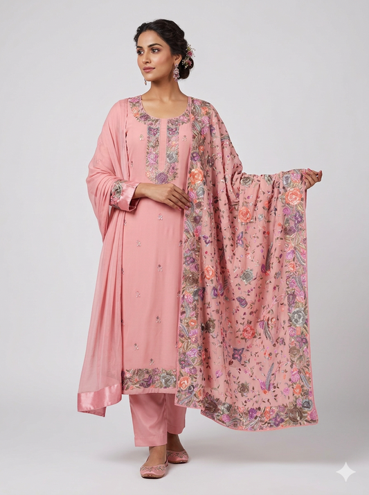 Coral Pink Hand Embroidered Parsi Gara full suit