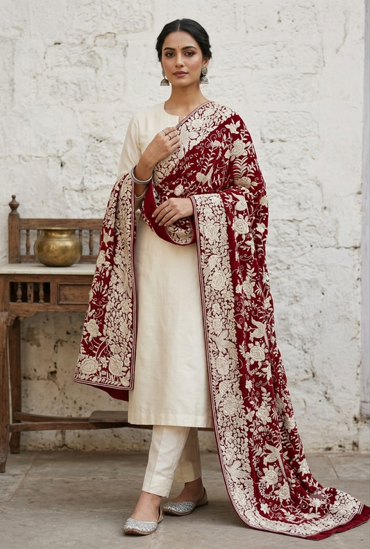 Ruby Red Masterpiece Heavy Parsi Gara Hand Embroidered Dupatta