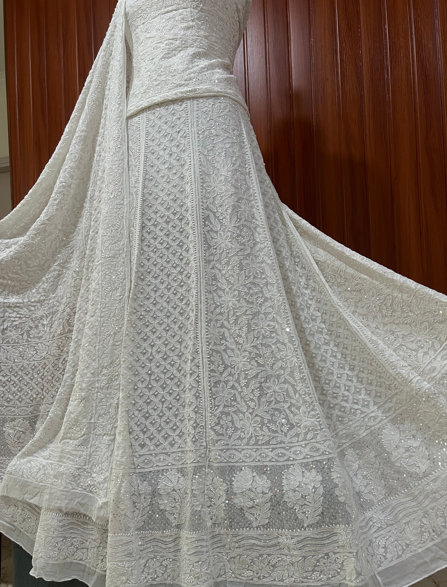 Ruhani White Chikankari Cut Dana Pearl Sequins Wedding Lehenga