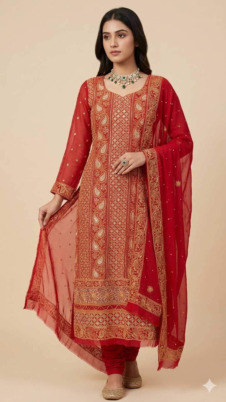 Ruhani Red Chikankari cut dana sequins kurta and dupatta
