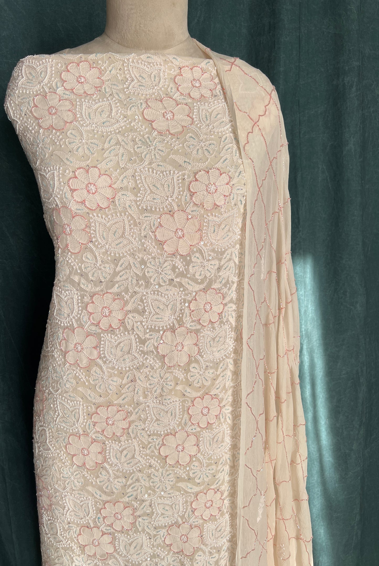 Cream pure chiffon Chikankari cut dana and sequins kurta and dupatta