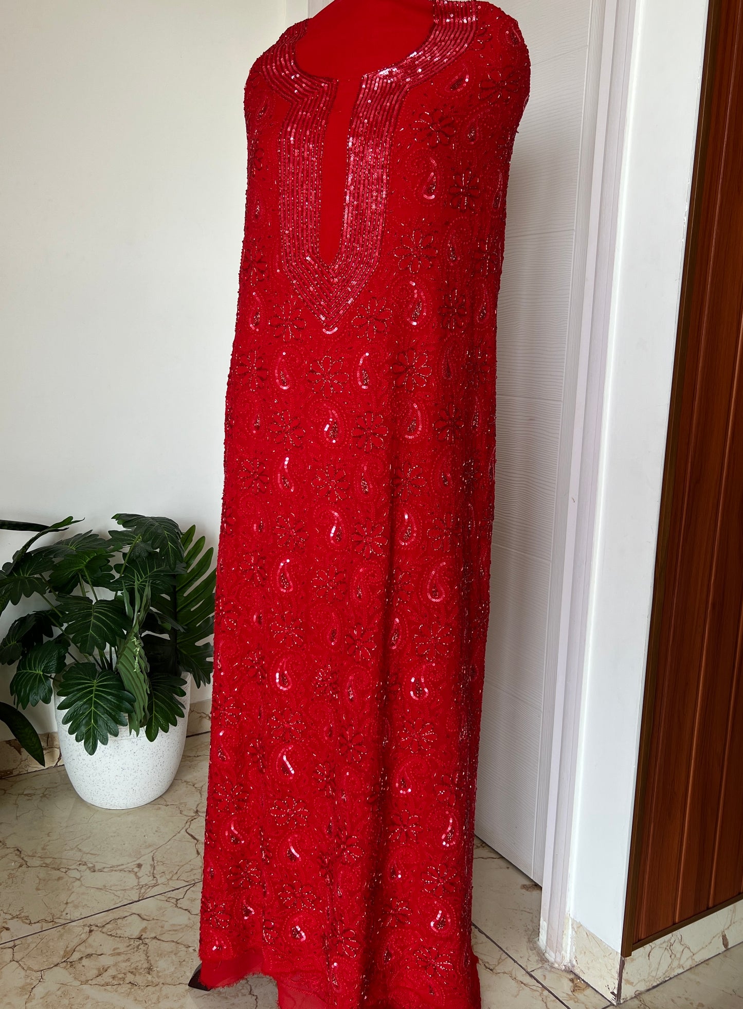 Red Chikankari cut dana sequins work kurta and dupatta