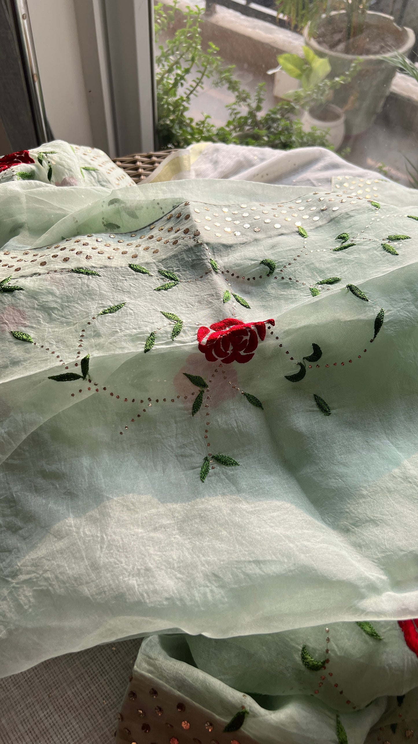 Ruhani Pista green Pure Organza Saree with Resham and Mukaish Work