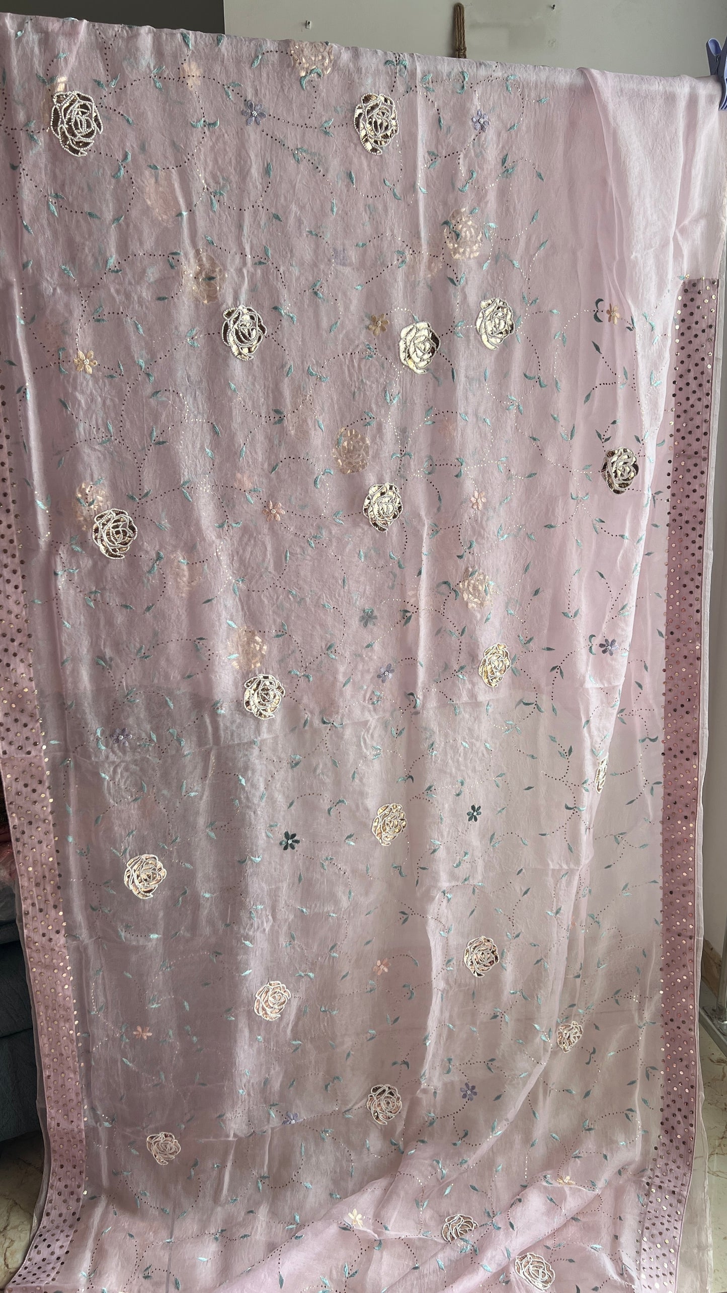 Ruhani Lilac Pure Organza Saree with Resham, pearl and Mukaish Work