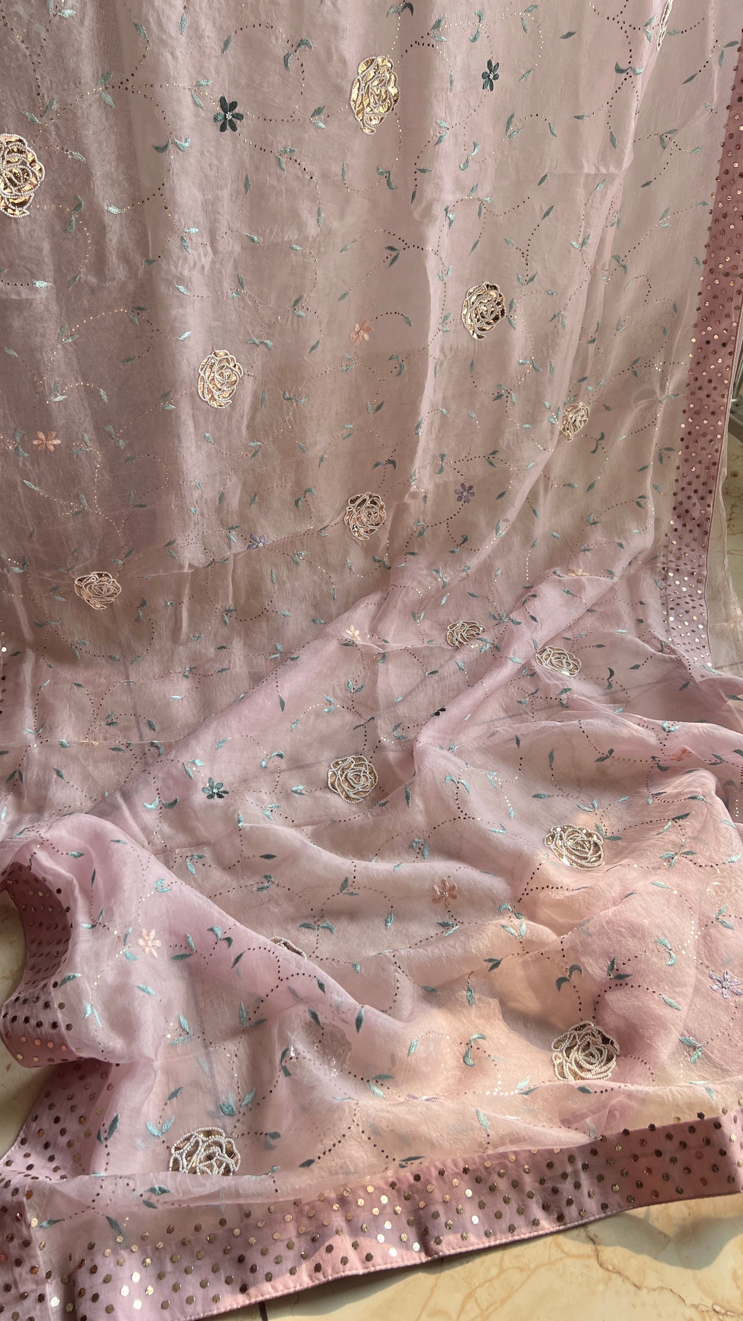 Ruhani Lilac Pure Organza Saree with Resham, pearl and Mukaish Work