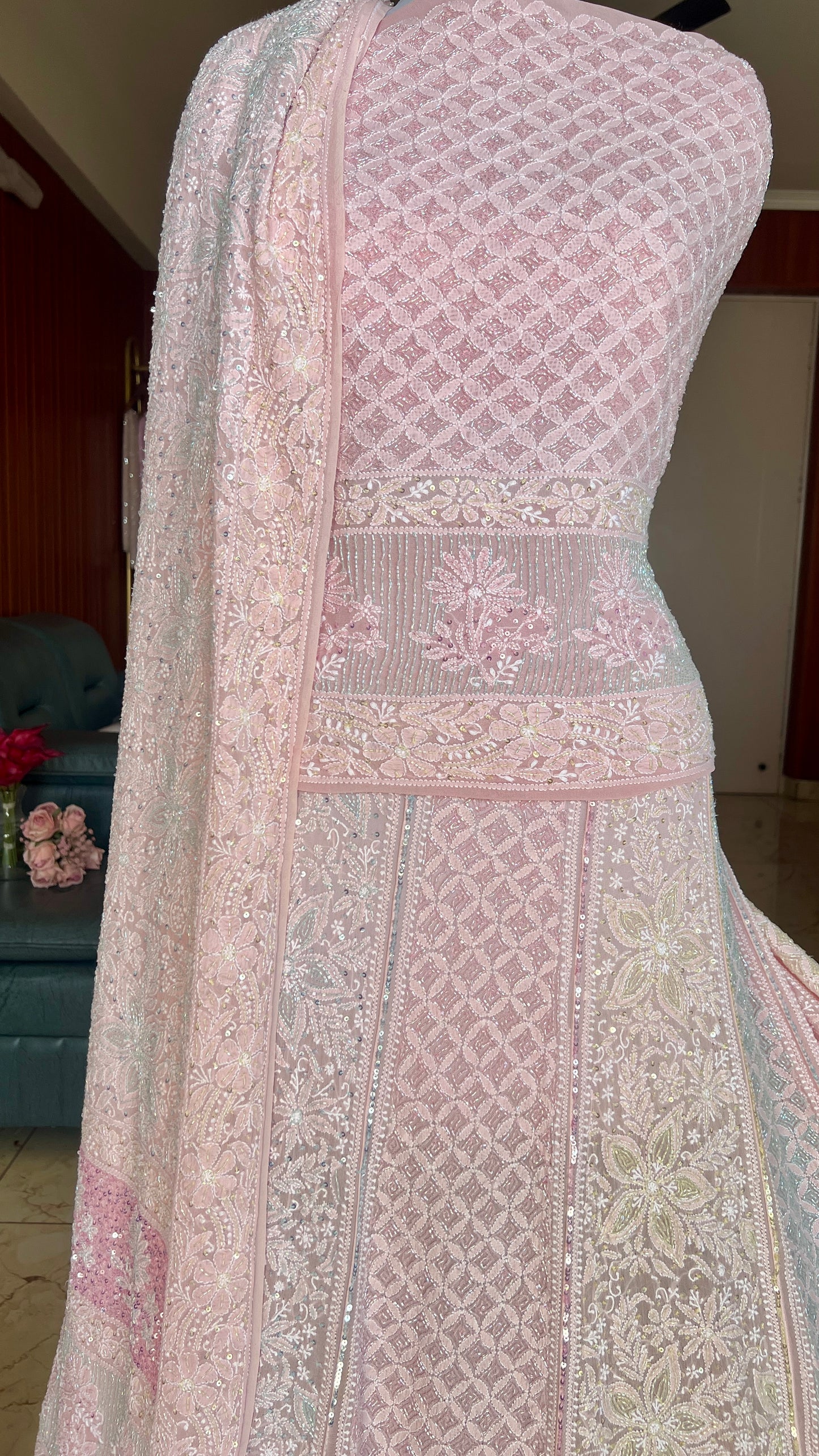 Pink Ruhani Chikankari Lehenga with Multicolored Cut Dana and sequins Work