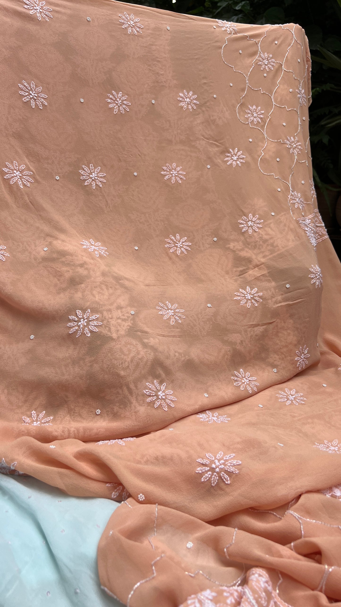 Light Orange Chikankari cut dana pearl sequins work kurta and dupatta