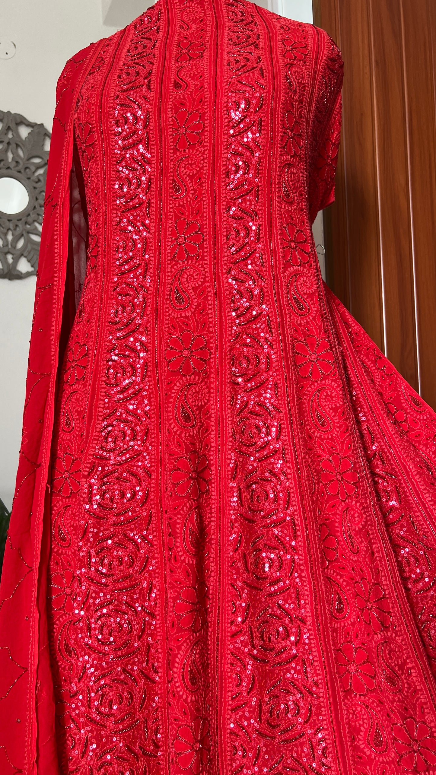 Red Chikankari Sequins and Cut Dana Anarkali