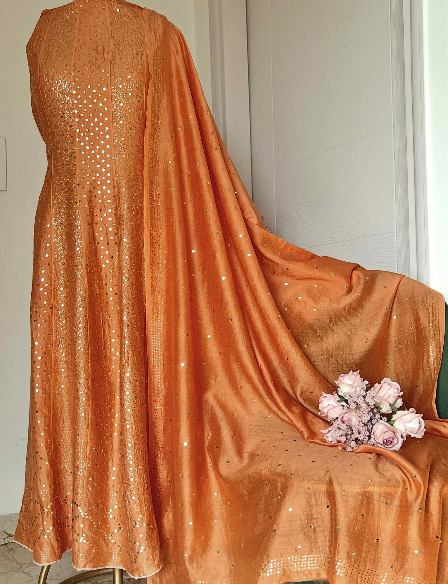 Orange Allover Heavy Mukaish Chanderi Silk Anarkali with Dupatta