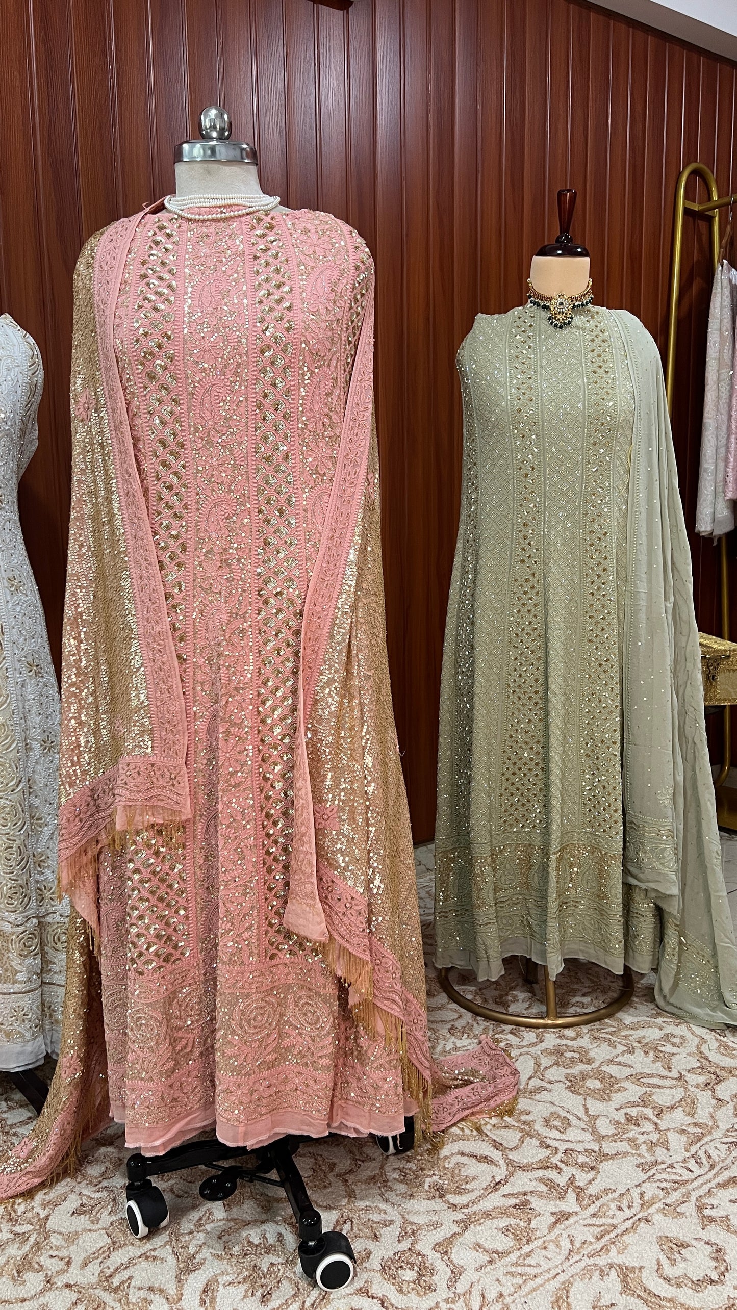 Ruhani Sage green Chikankari Sequins and Cut Dana Anarkali