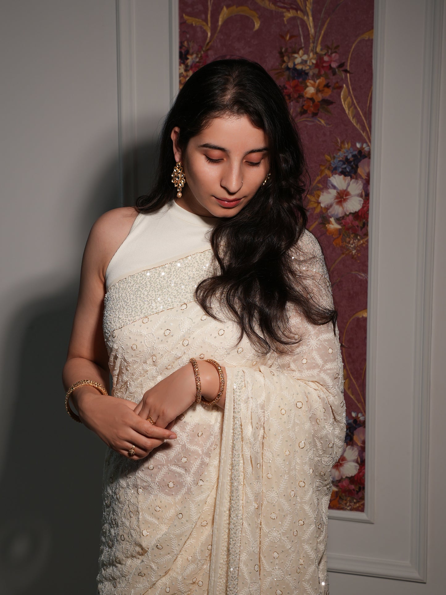 Suhaan Ivory Teen Taar Chikankari Heirloom Saree