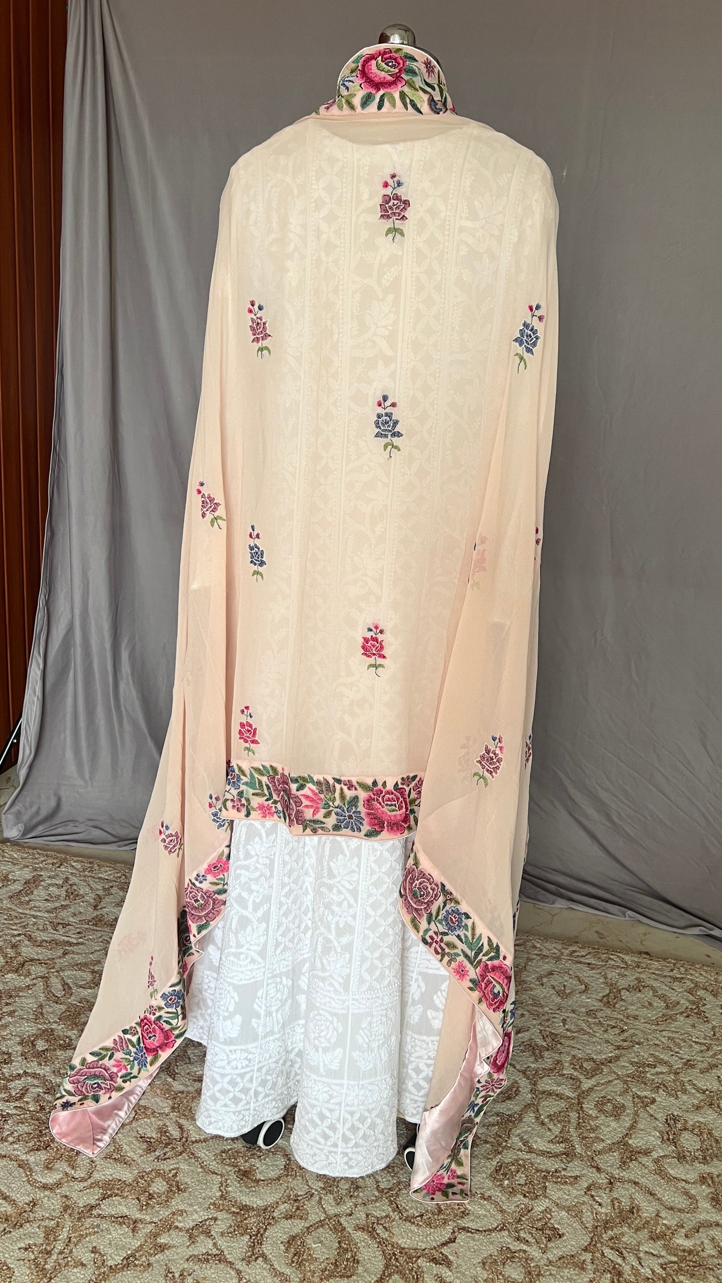 Powder pink Pure Georgette Dupatta With Petit point Hand Embroidery