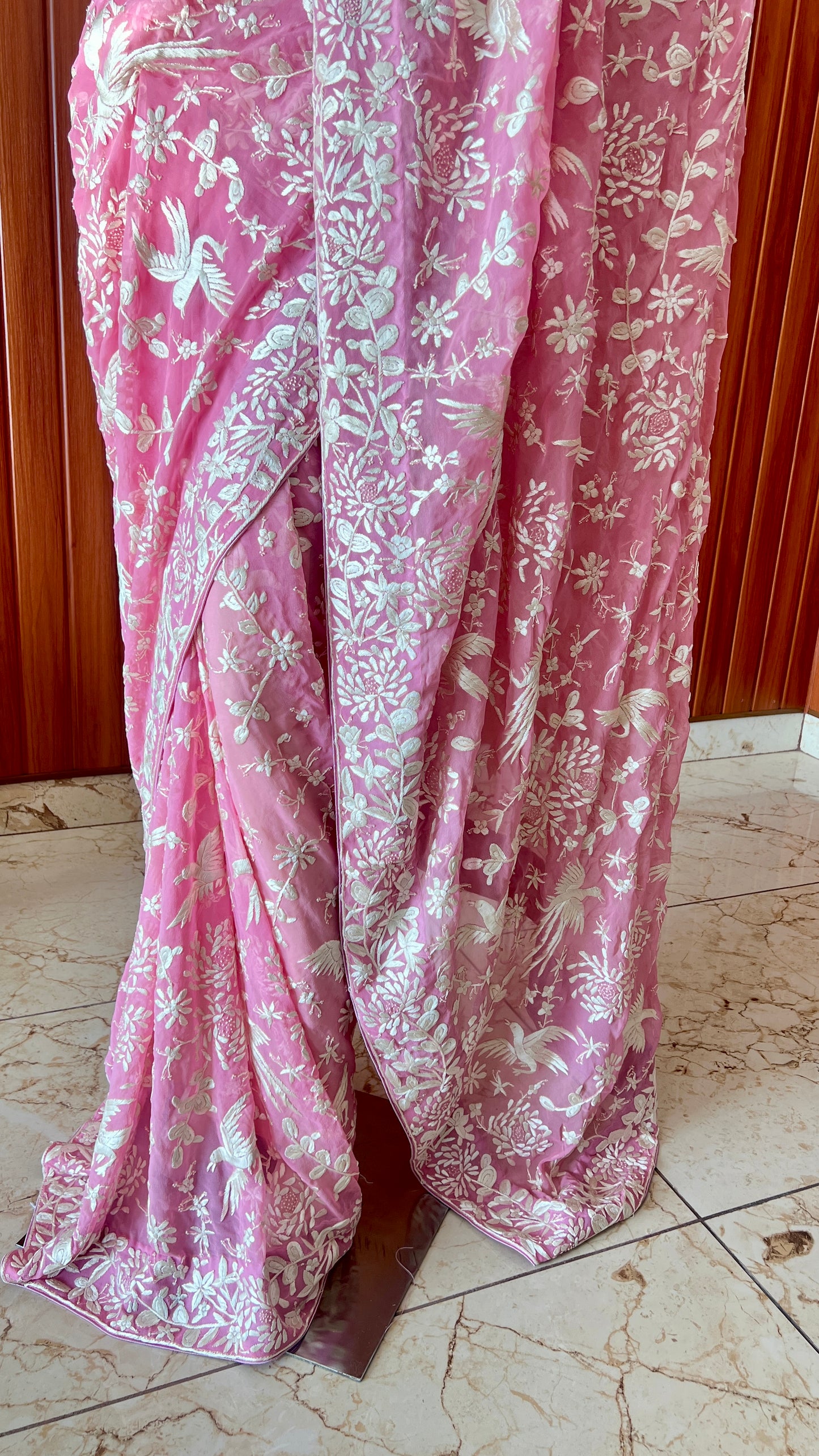 Pink Parsi Gara Hand Embroidered Saree