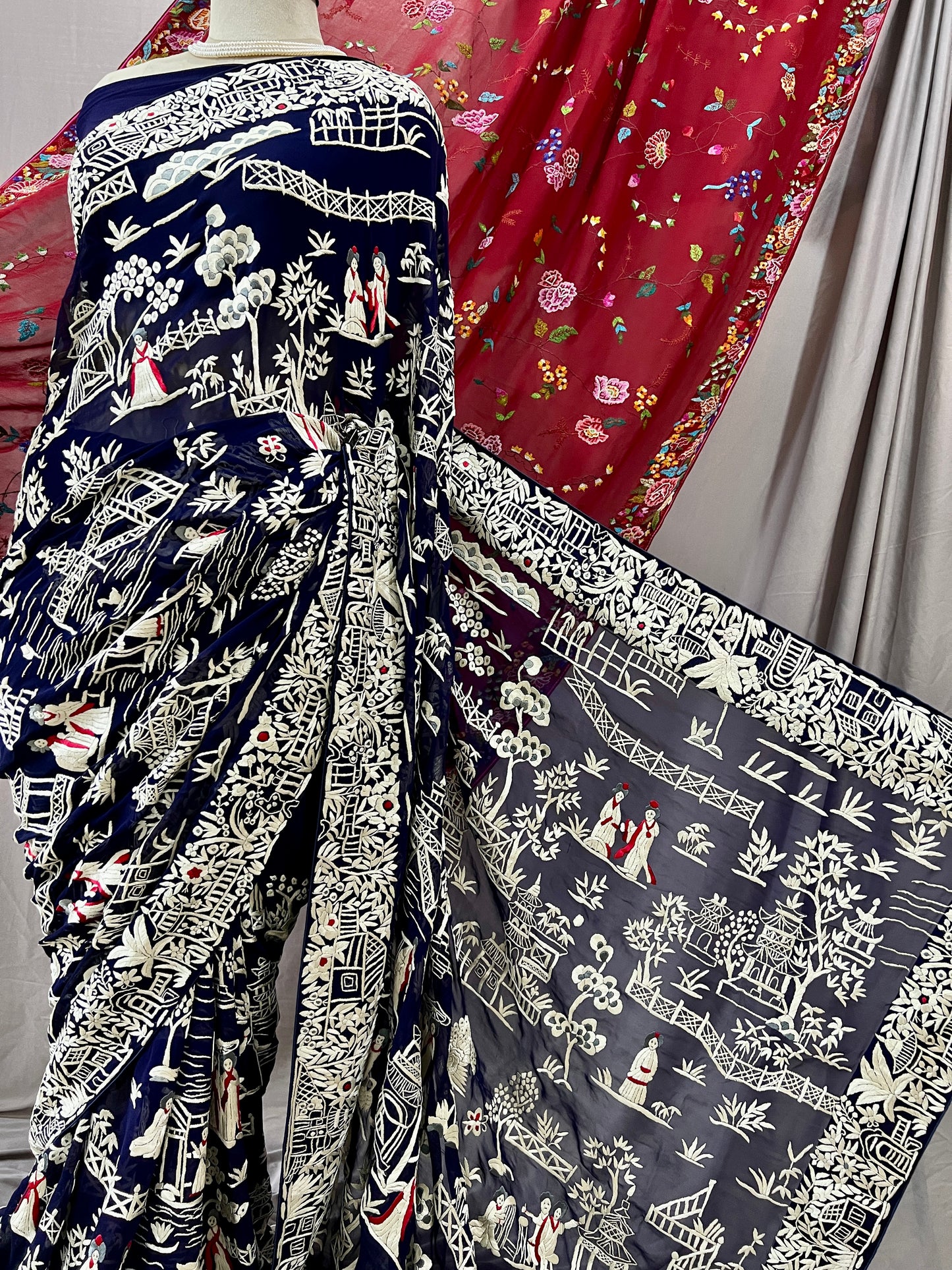 Navy Blue Masterpiece Chinese pattern Parsi Gara Pure Georgette Saree