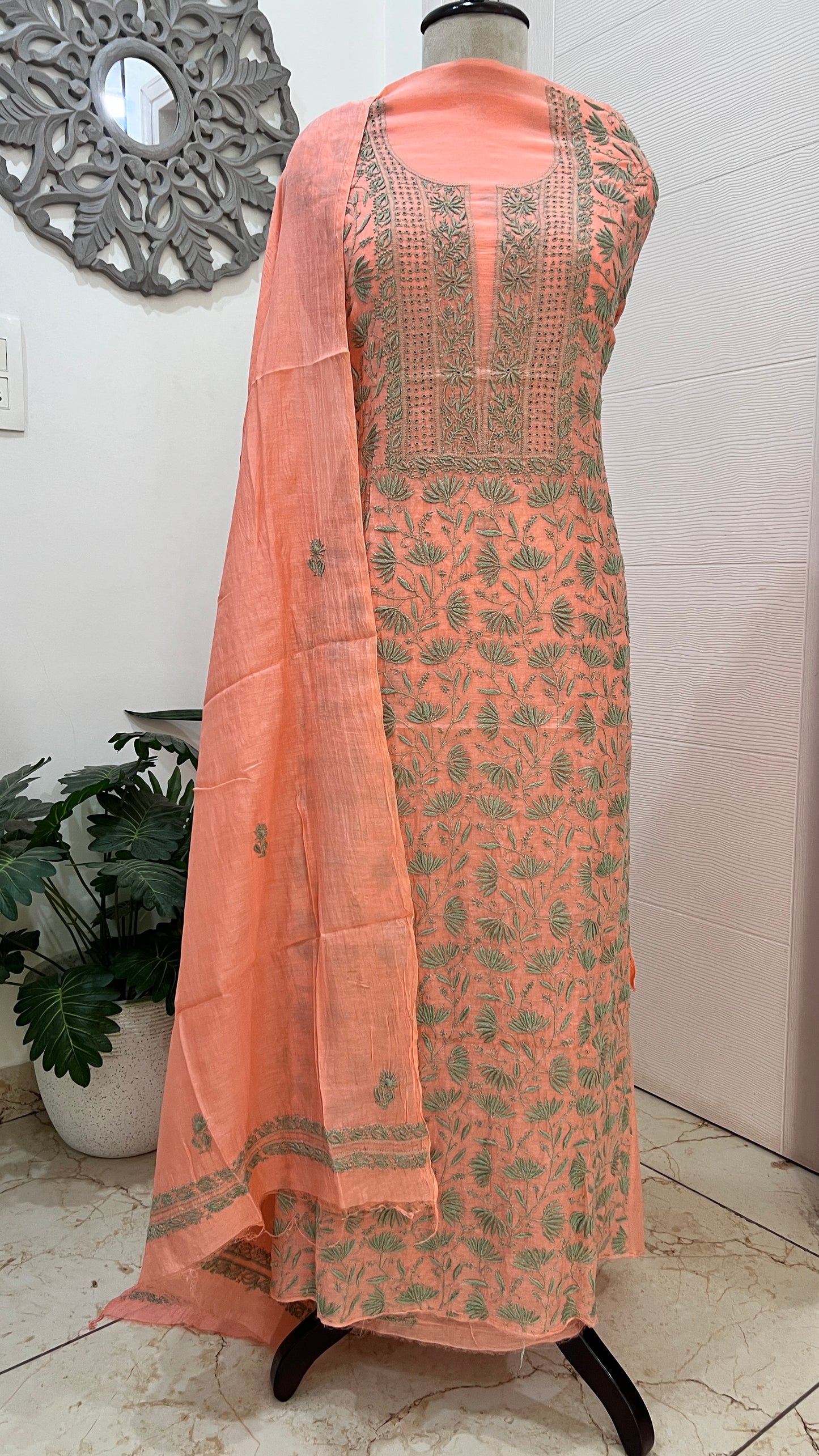 Orange Mul chanderi Chikankari embroidered kurta and dupatta