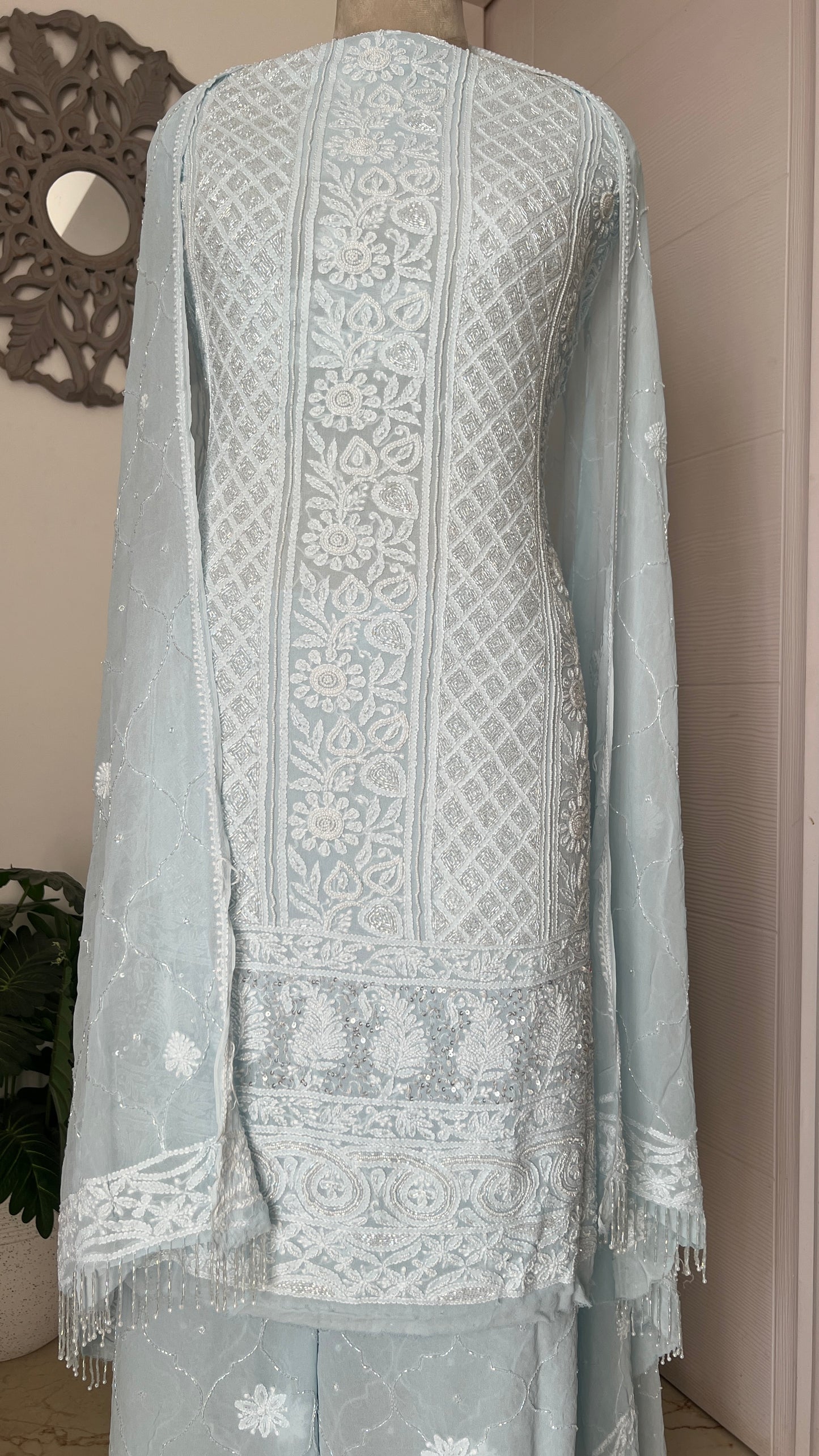 Sky Blue Chikankari cut dana and pearl work full suit