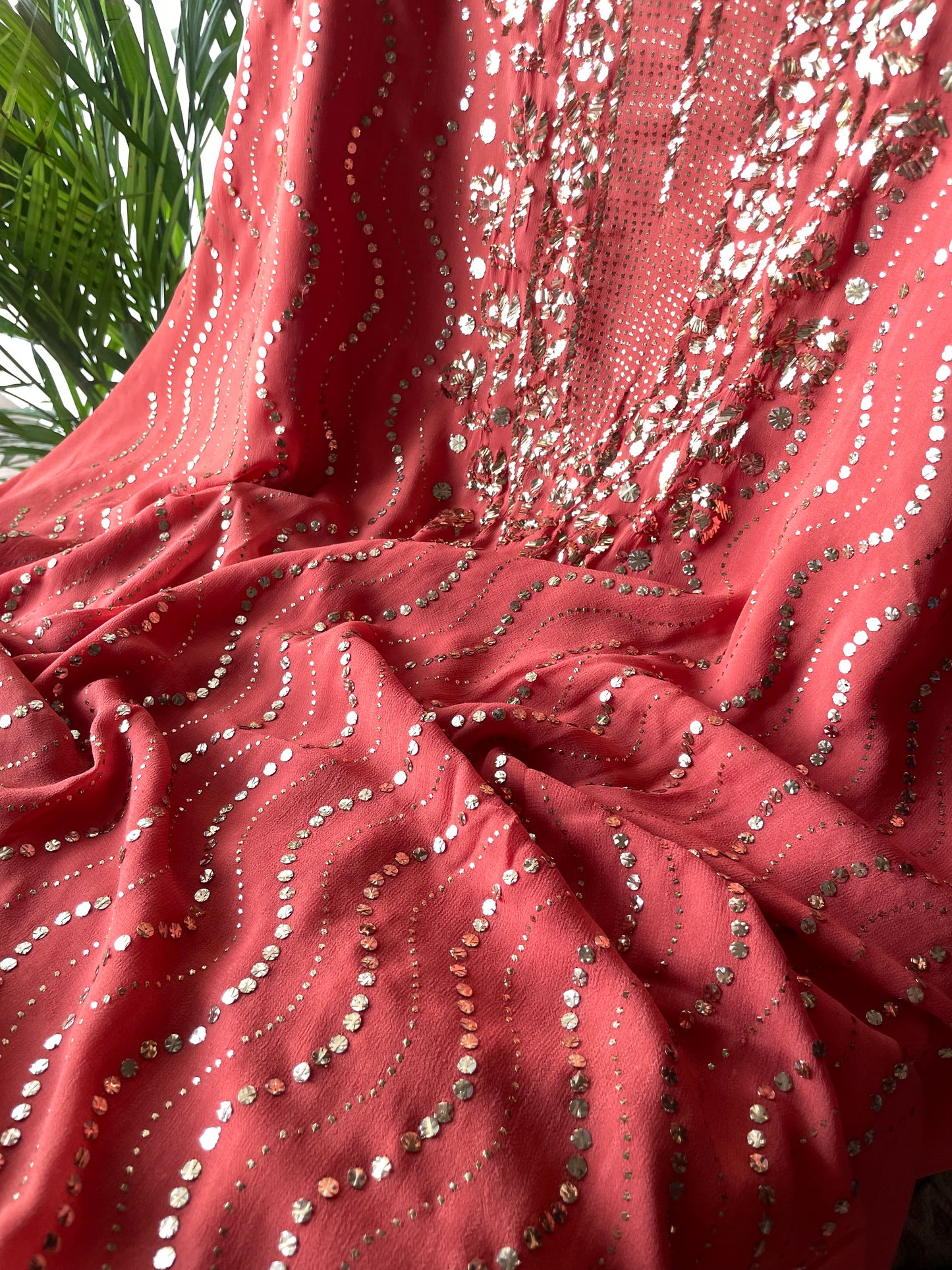 Coral Peach badla and mukaish work Kurta and Dupatta