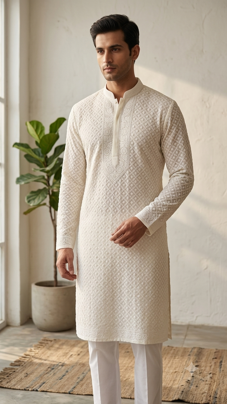 Ivory Allover Chikankari Men's Kurta Fabric