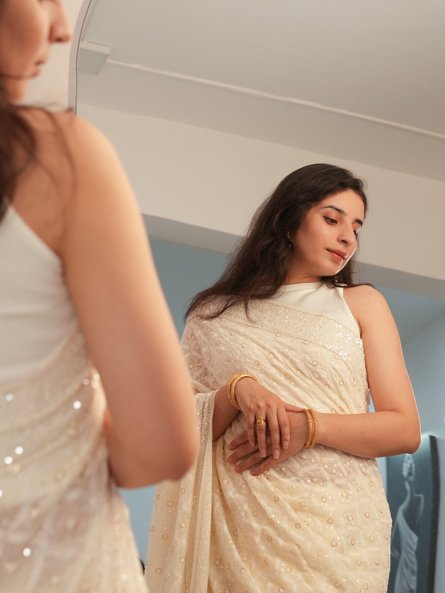 Suhaan Ivory Teen Taar Chikankari Heirloom Saree