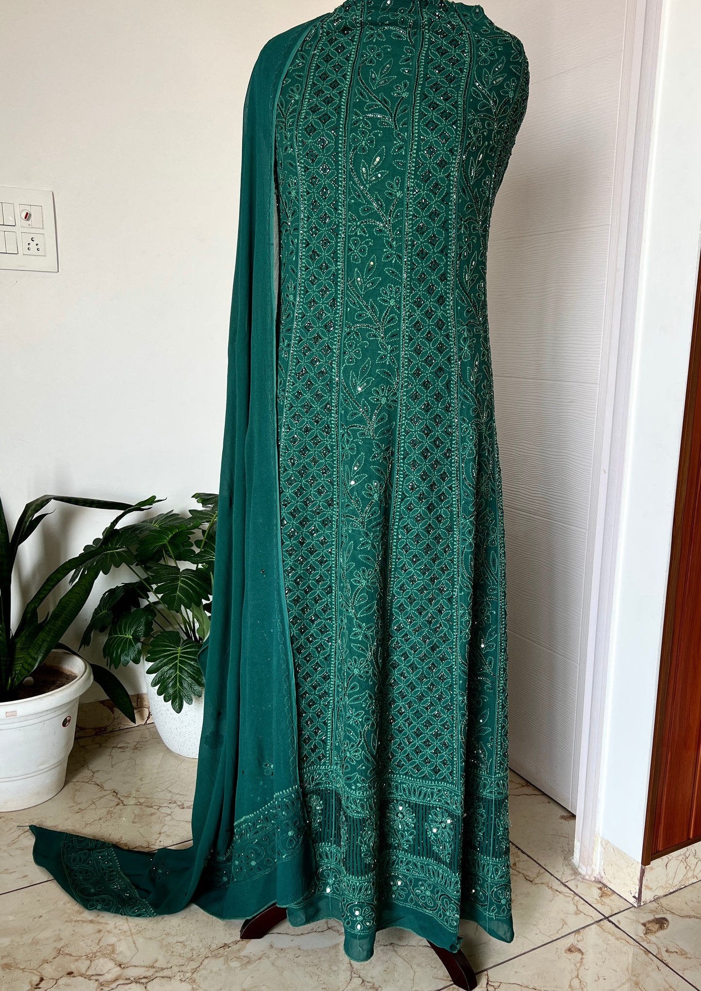 Bottle Green Chikankari Cut Dana and sequins Anarkali with Dupatta