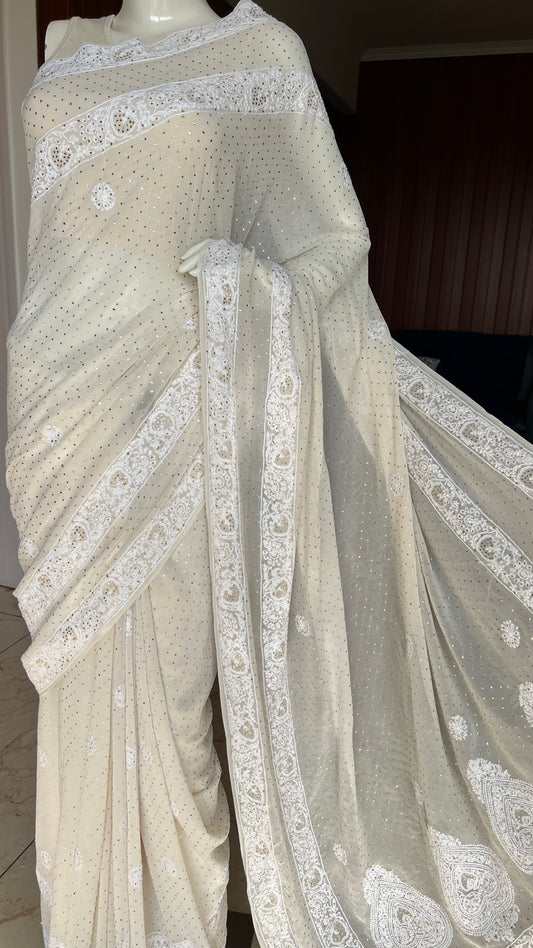 Ivory Ruhani Allover Fine Chikankari and Bareek Mukaish Saree
