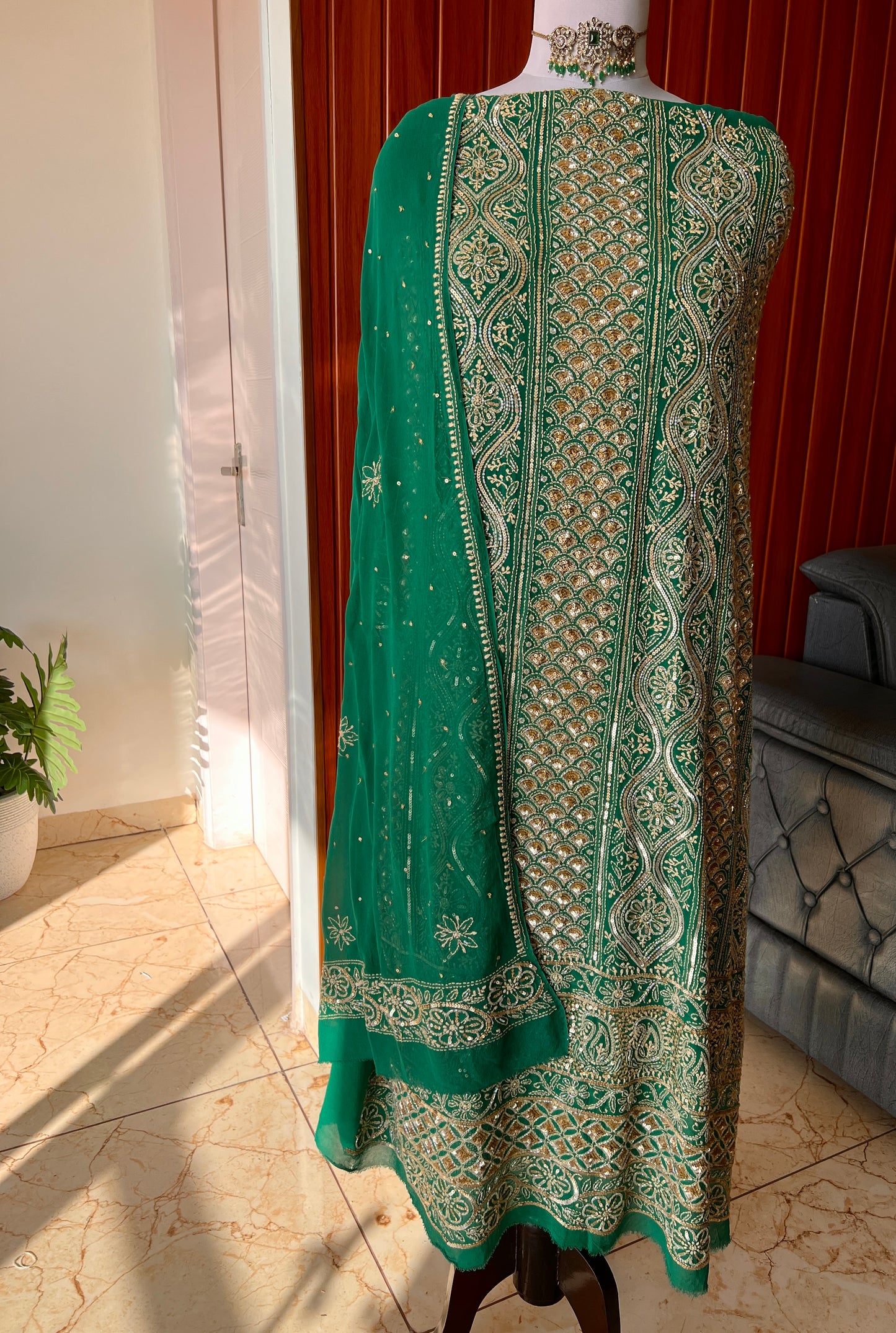 Ruhani Emerald Green Chikankari golden cut dana sequins kurta and dupatta
