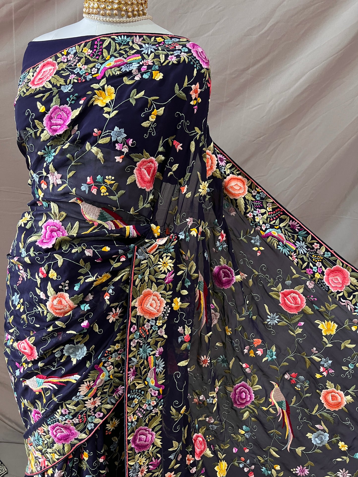 Midnight Blue Masterpiece Parsi Gara Pure Georgette Saree