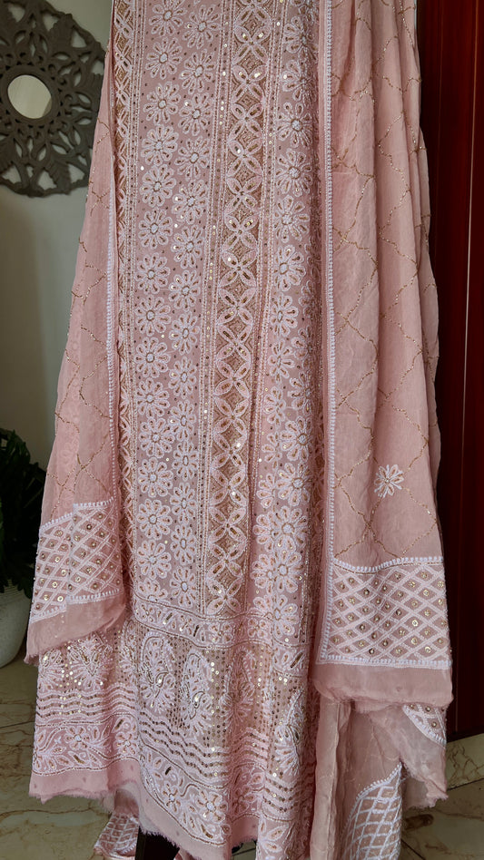 Ruhani Blush Peach Chikankari golden cut dana sequins kurta and dupatta
