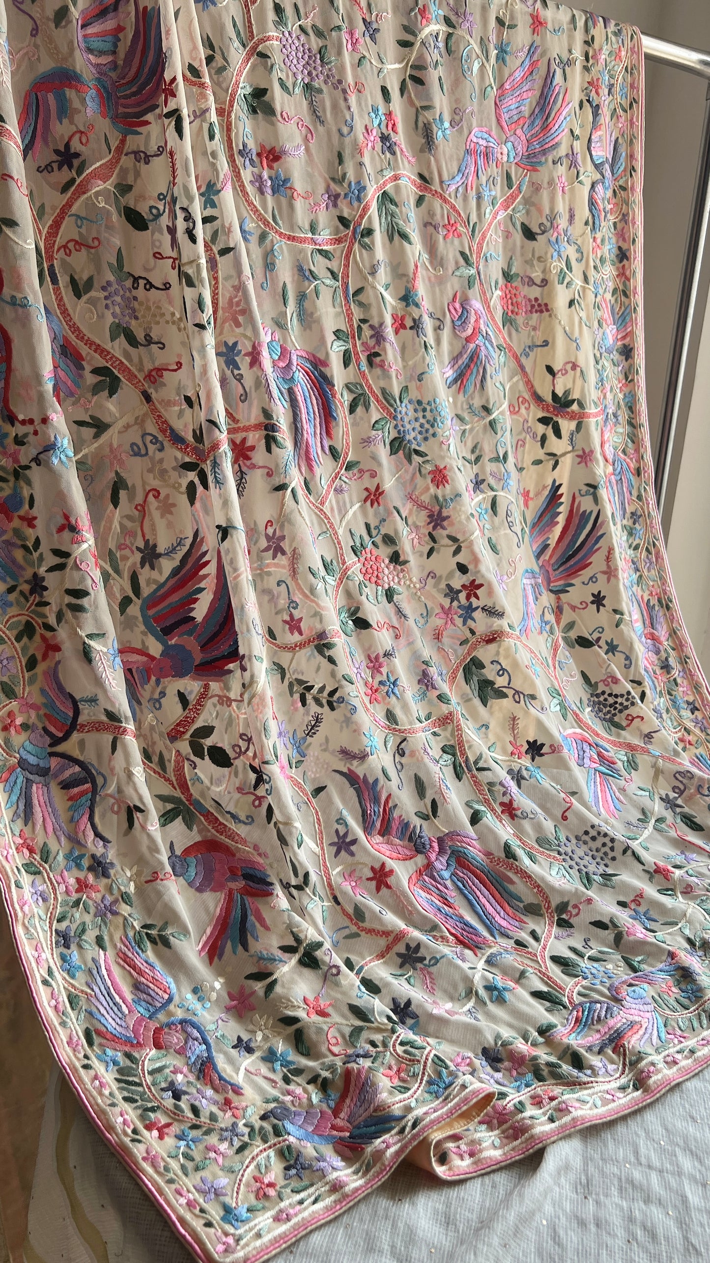 Beige Parsi Gara Hand Embroidered Dupatta