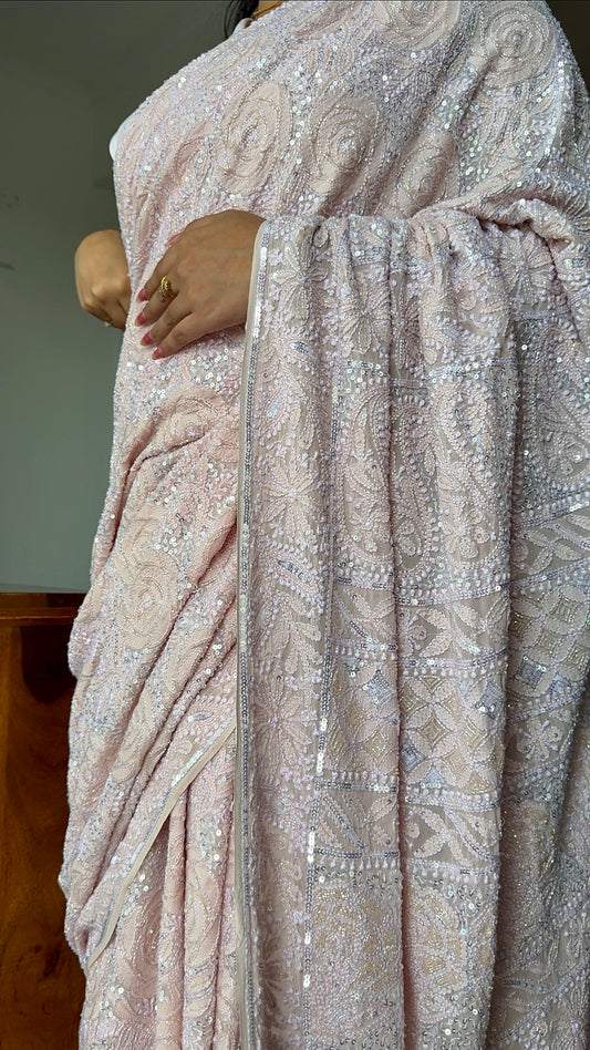 Gulaab Dusty Pink Masterpiece Chikankari Sequins and Cut Dana Saree
