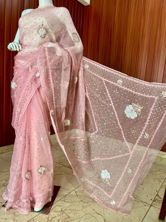 Ruhani pink Pure Organza Saree with pearl and Mukaish Work