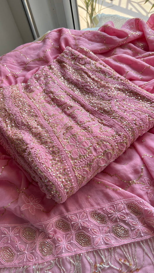 Ruhani Rose Pink Chikankari sequins cut Dana Anarkali