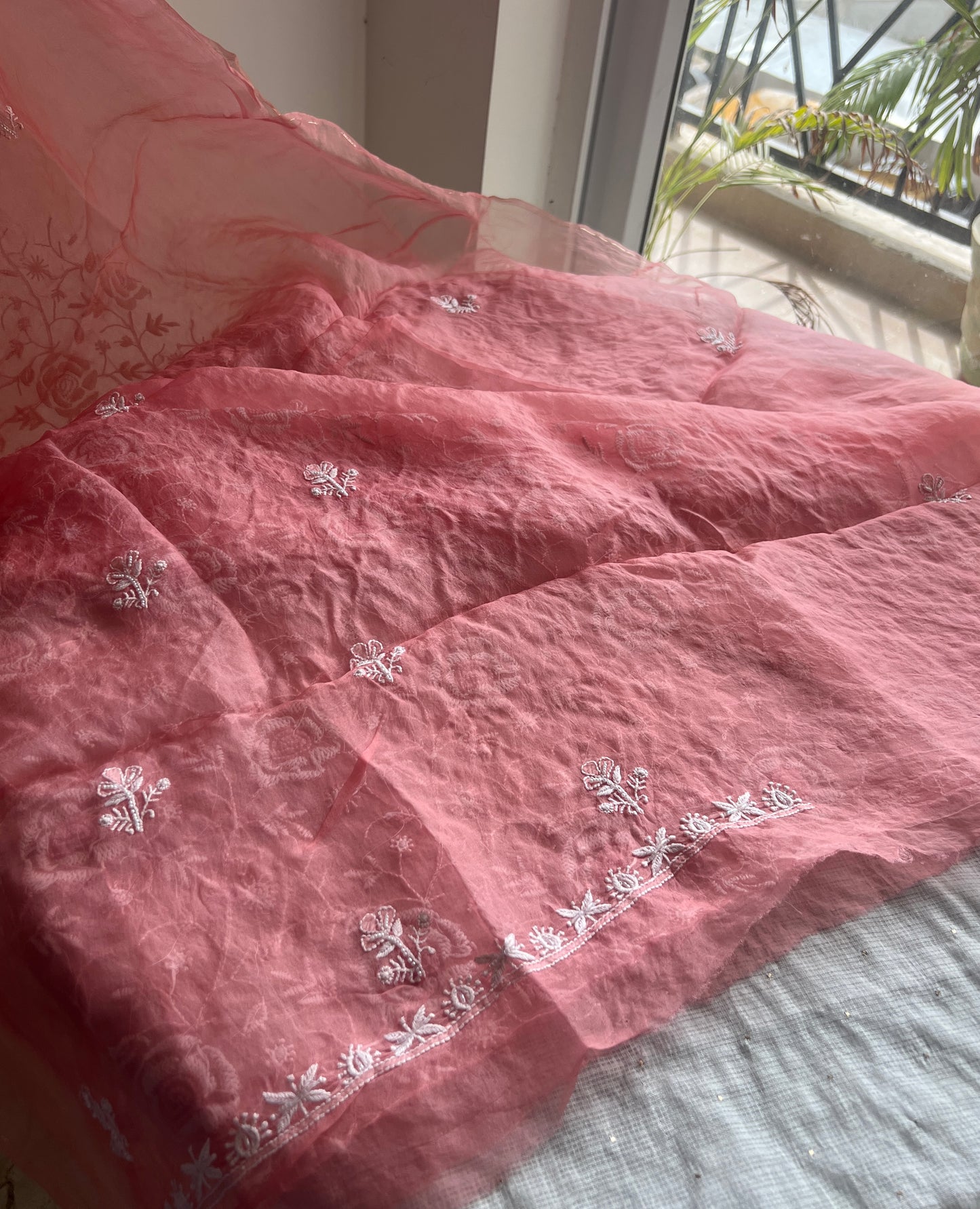 Gajri chikankari pearl cut Dana work pure Organza kurta with dupatta