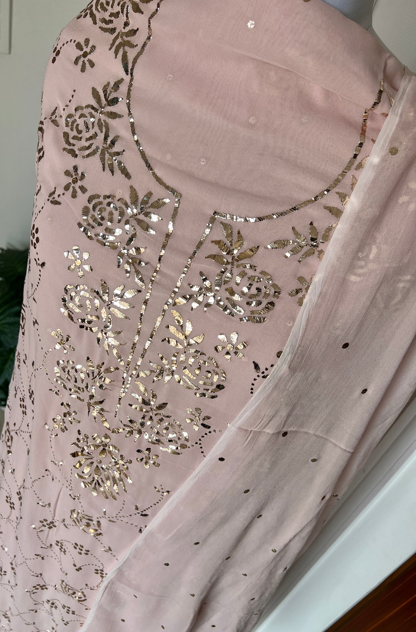 Powder Pink badla and mukaish work Kurta and Dupatta