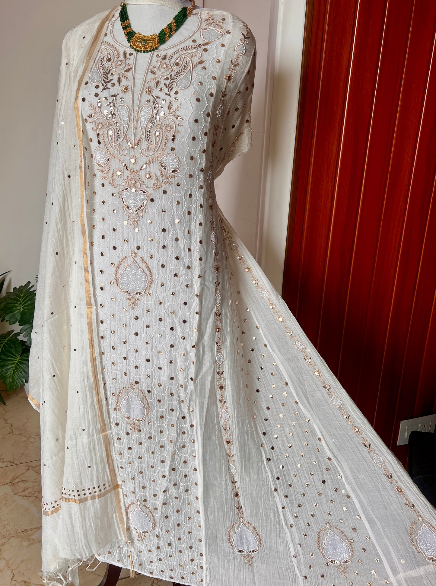 Mul Chanderi Anarkali with Mukaish and pearl work