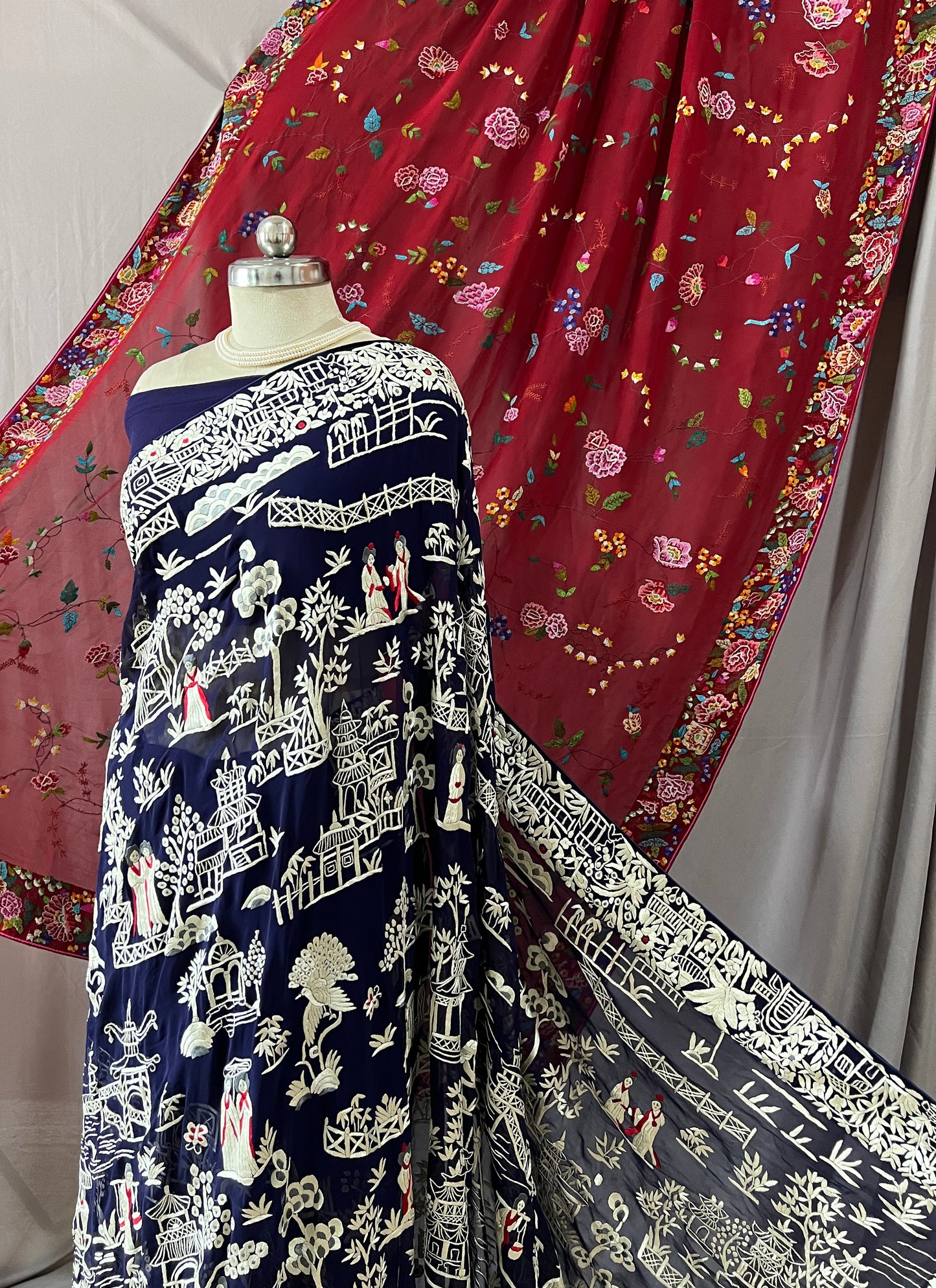 Navy Blue Masterpiece Chinese pattern Parsi Gara Pure Georgette Saree