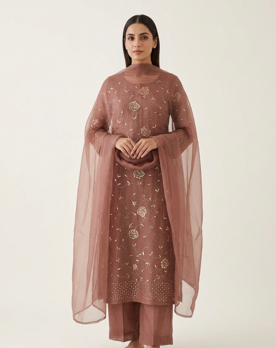 Taupe brown Gulaab pure organza badla work Kurta and Dupatta