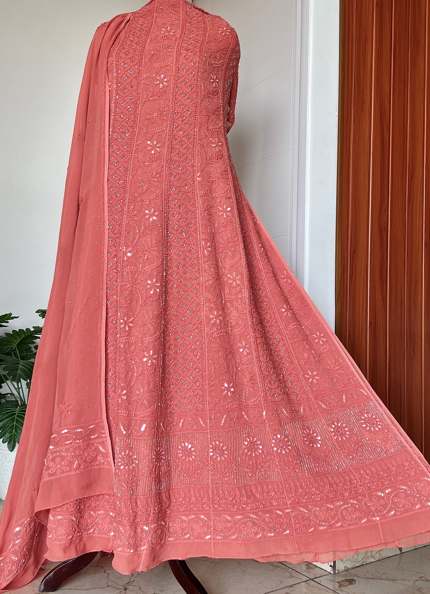 Gajri Chikankari Cut Dana and sequins Anarkali with Dupatta