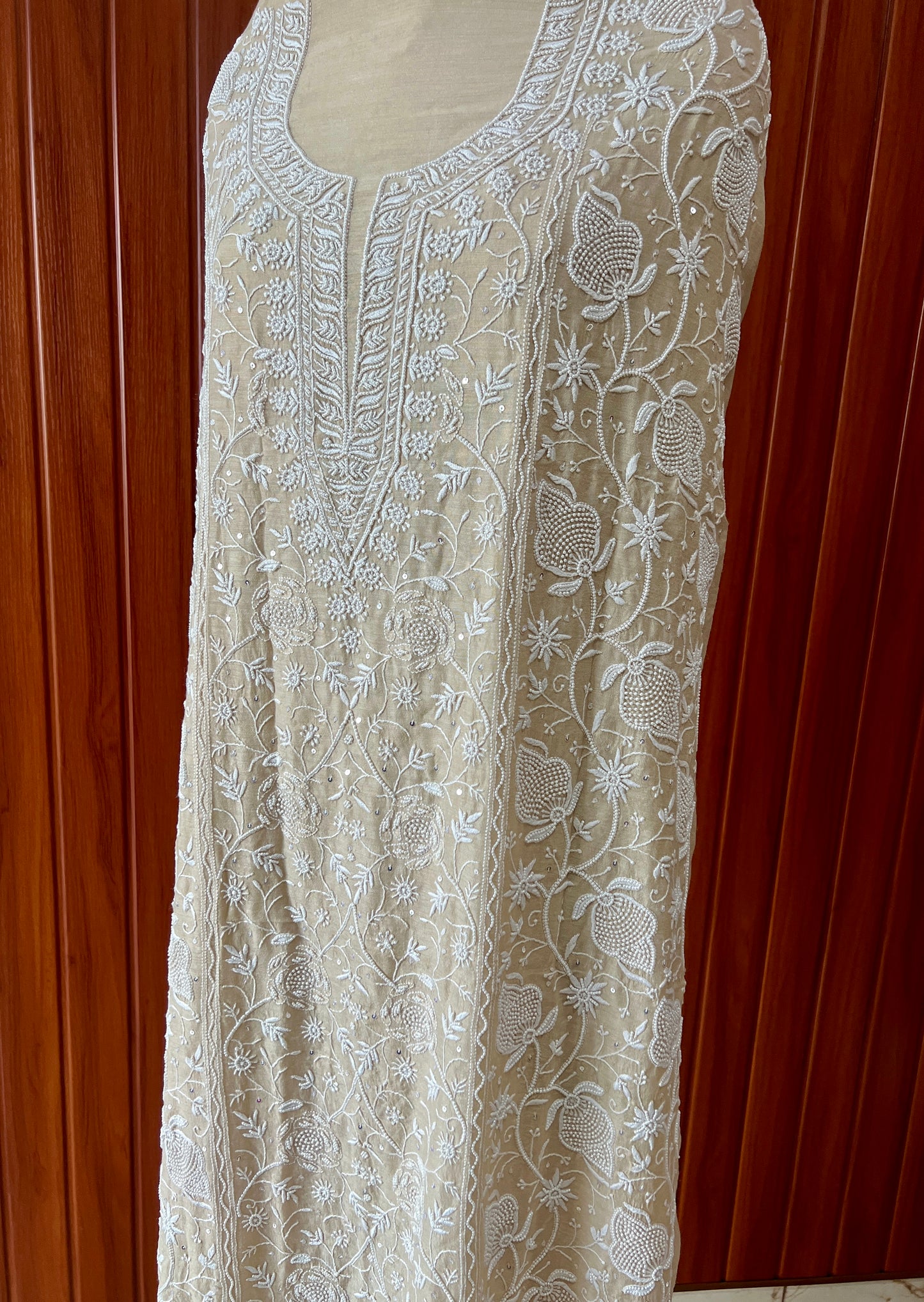Munga silk Chikankari and pearl embroidered kurta and dupatta