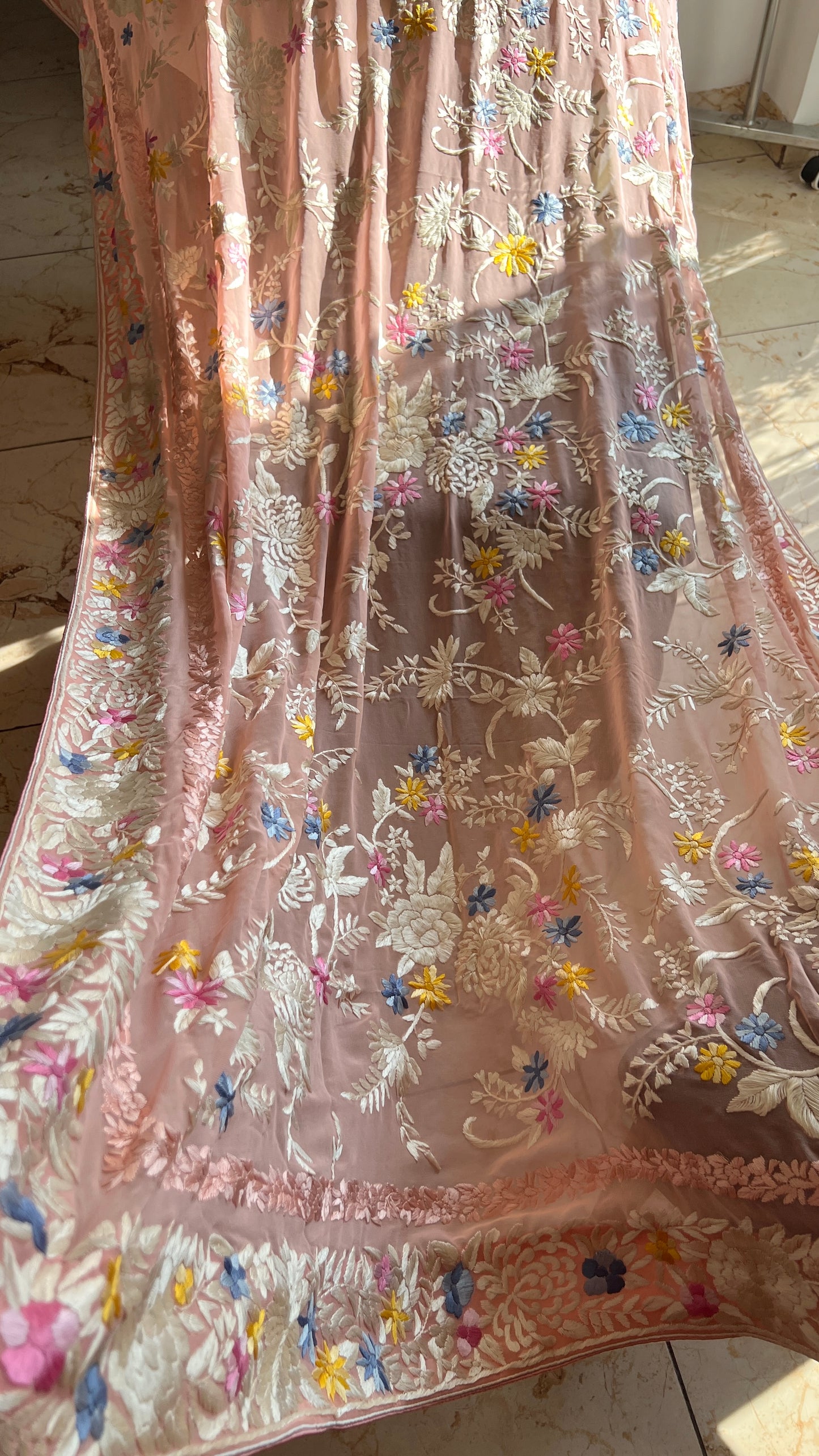 Blush Peach masterpiece Parsi Gara Dupatta Hand Embroidered