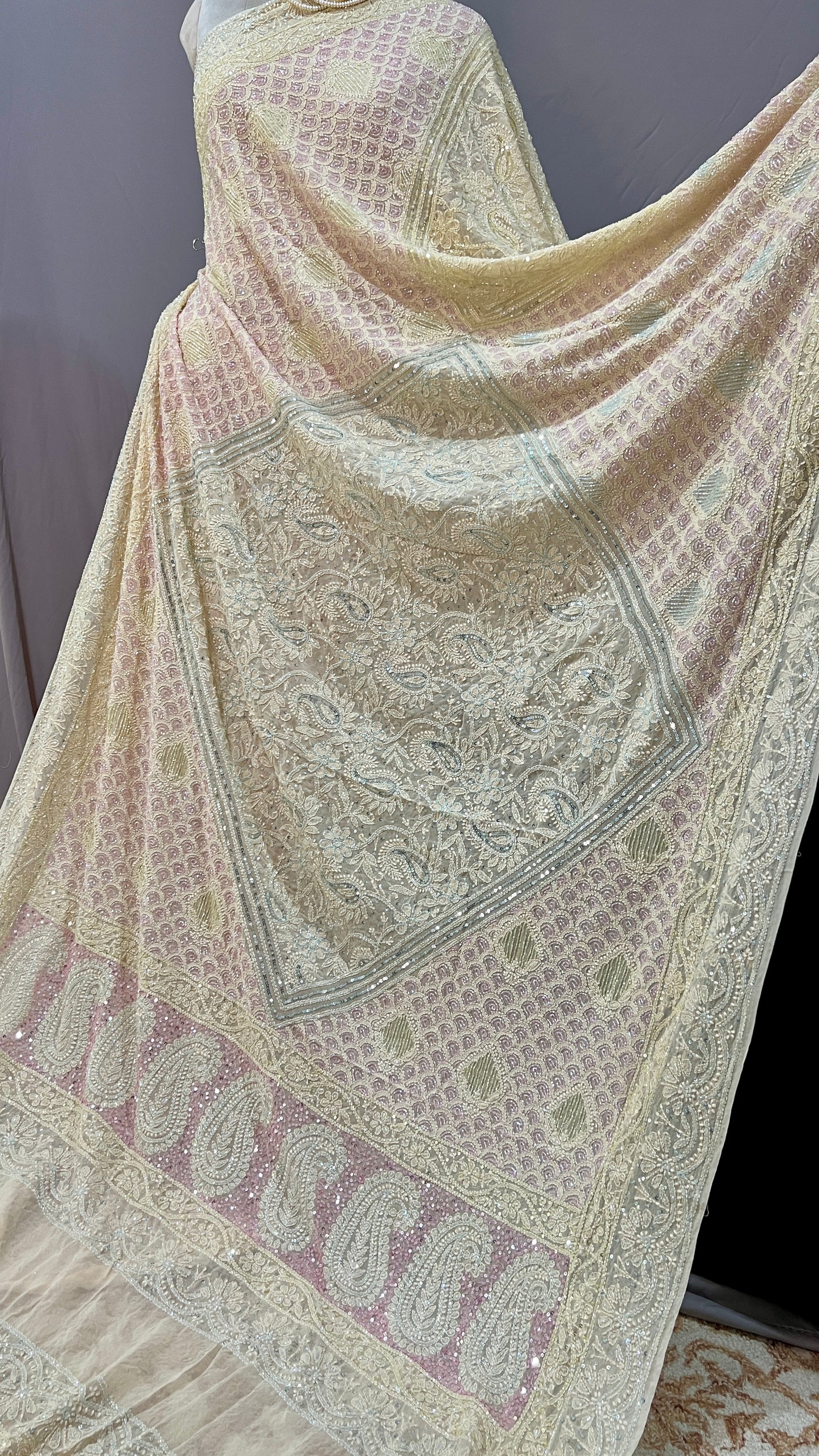 Butter yellow Ruhani Chikankari Lehenga with Multicolored Cut Dana sequins